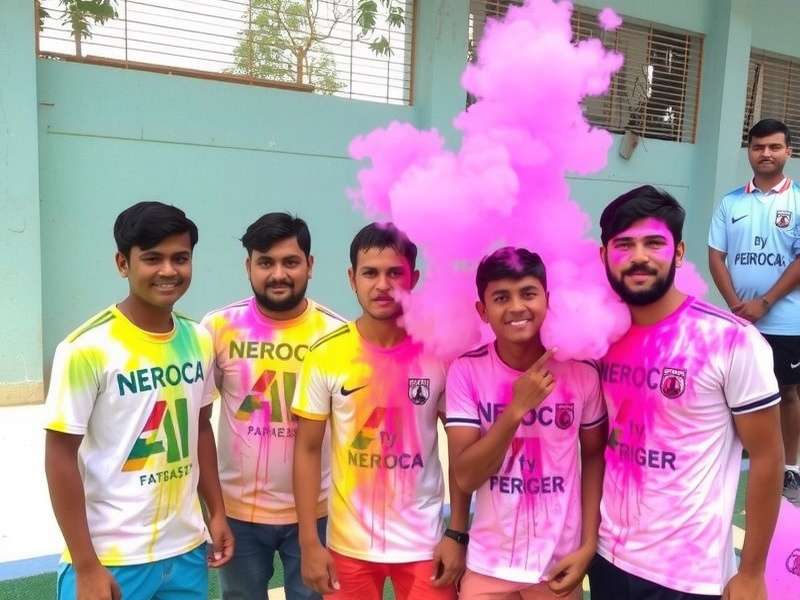 NEROCA FC Rising Stars Holi event with players covered in colored powder